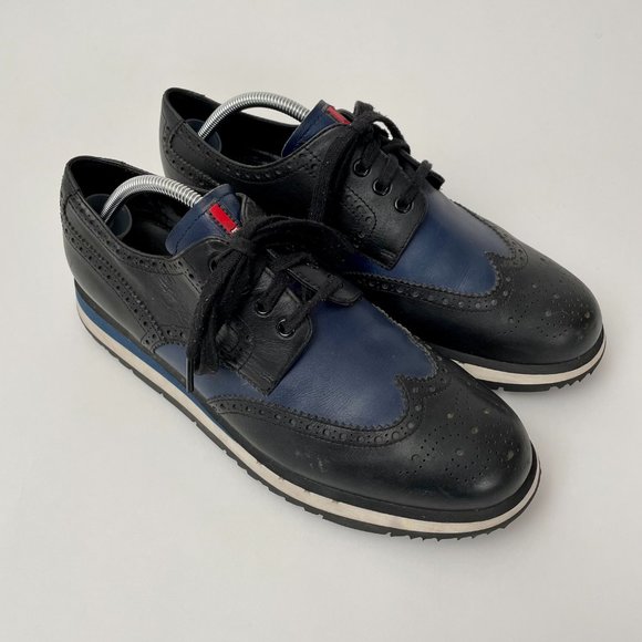Prada Vit Montana Calf Leather Platform Wing Tip Brogues, Black/Navy, Size 11 - Picture 14 of 16